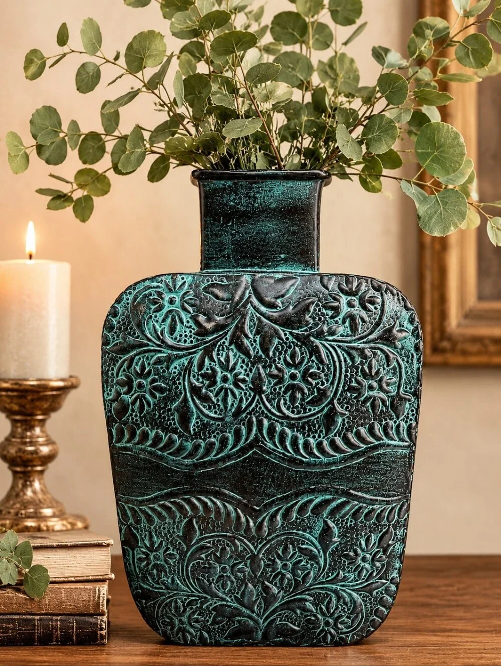 Large Ornate Embossed Pattern Steel Vase in Turquoise Patina